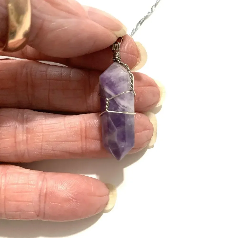 Wire Wrapped Amethyst Point Necklace Pendant 16